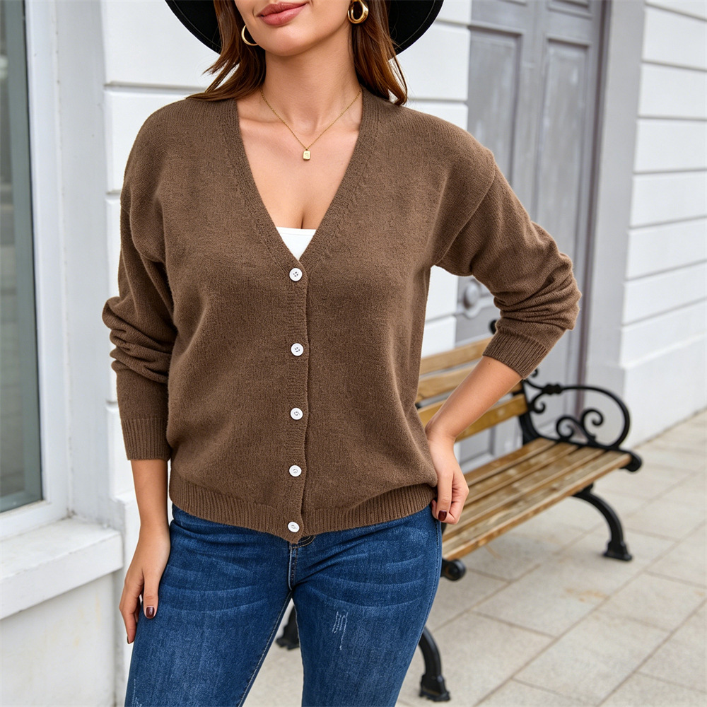 Women's Solid Color Button-Up Knit Cardigan Long Sleeve V-Neck