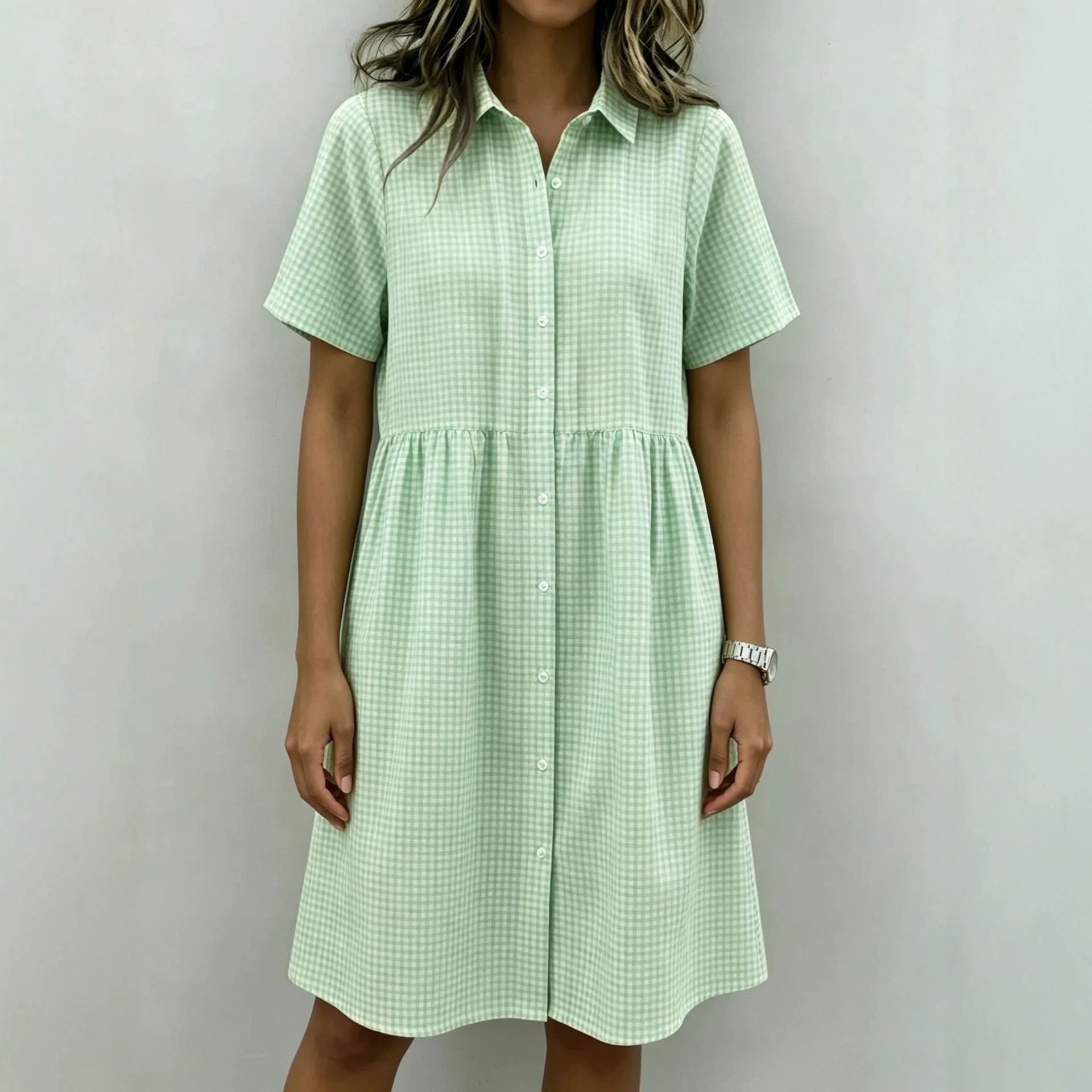 Retro Plaid Polo Collar Bubble Sleeve Dress