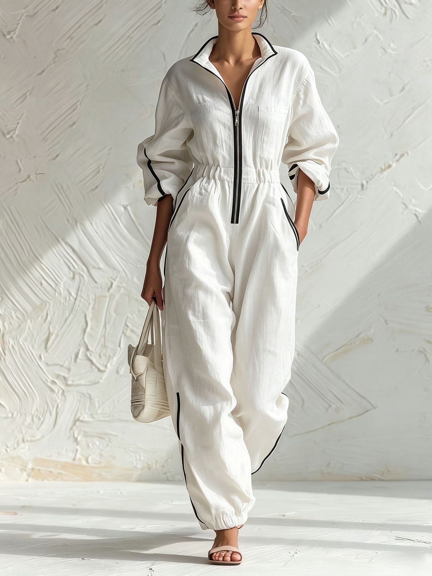 Women's Linen-Blend Zip-Front Jumpsuit with Contrast Trim and Elastic Waist