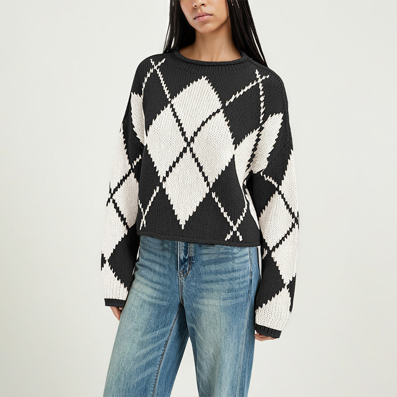 Women's Color-Block Diamond Knit Sweater, Loose Crewneck Pullover
