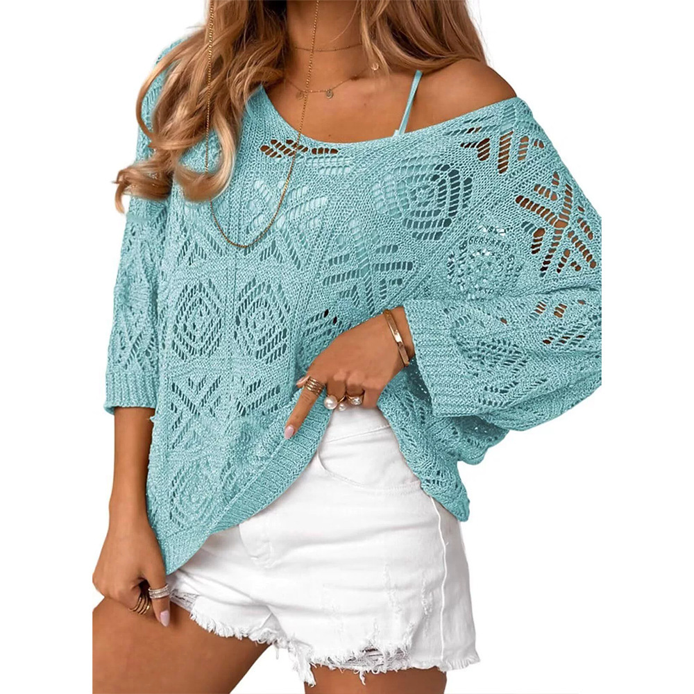 V-Neck Diamond Crochet Hollow-Out Knit Top with Dolman Sleeves
