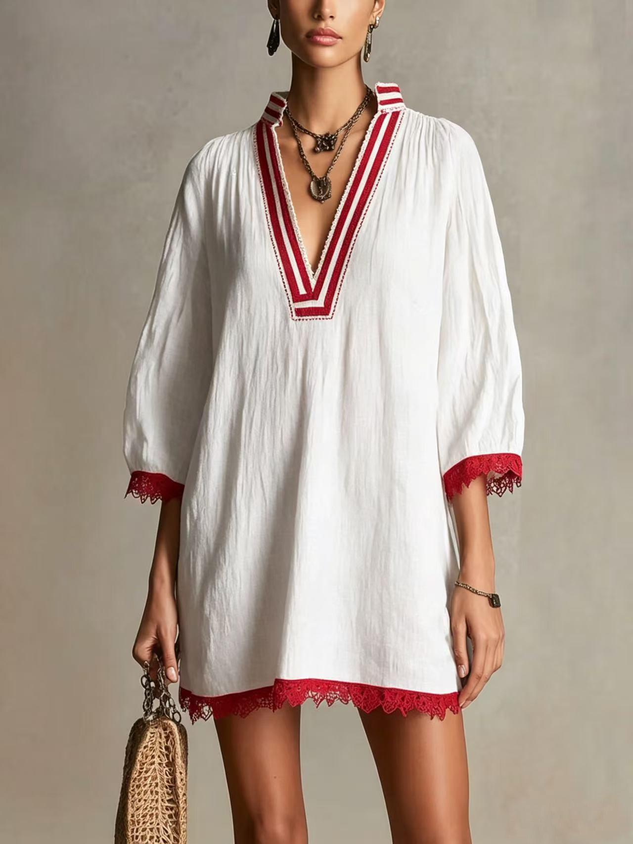 Striped V-Neck Lace Loose Straight Casual Dress