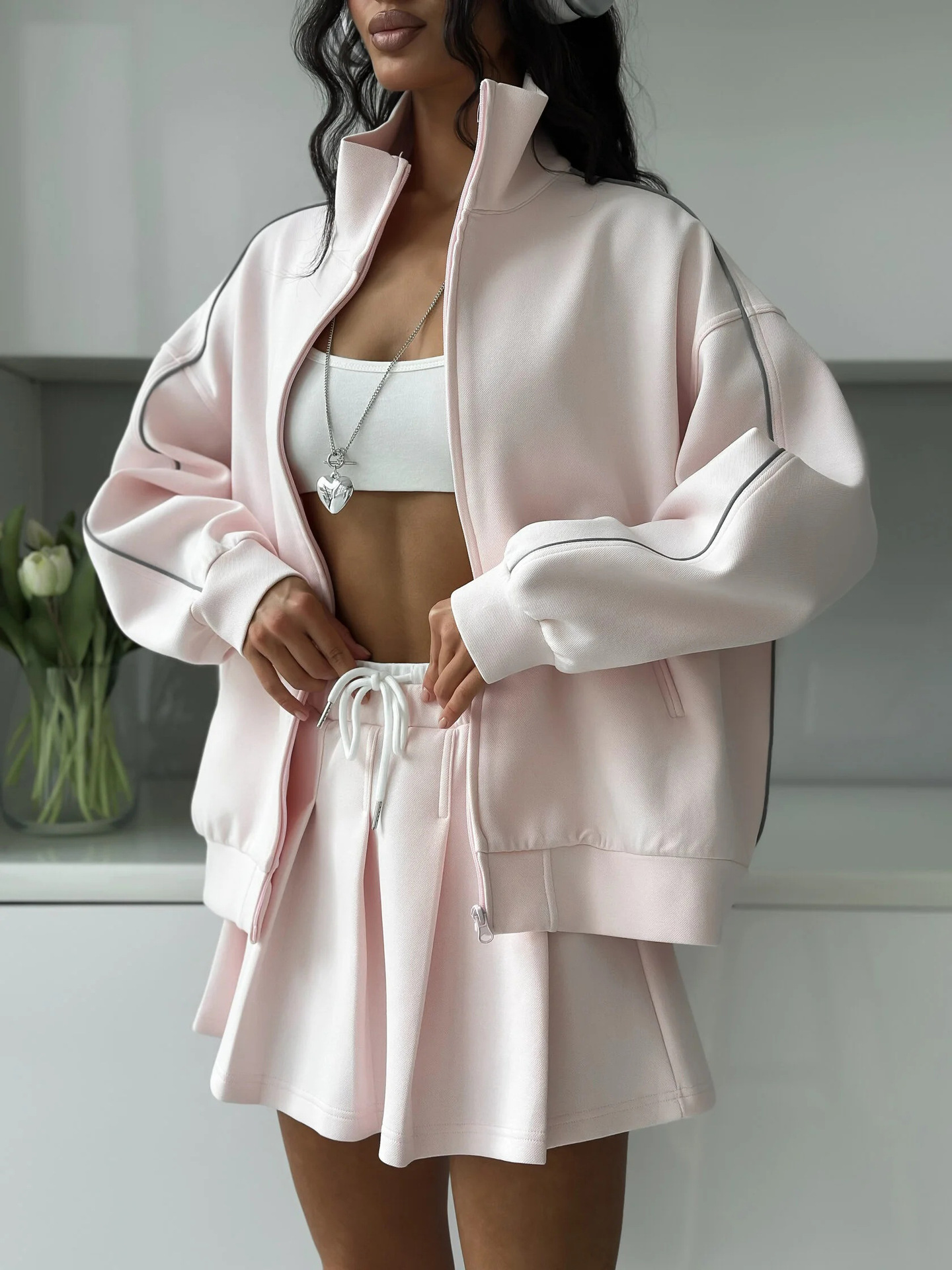 Women's Zip Cardigan and Drawstring Mini Skirt Two-Piece Set