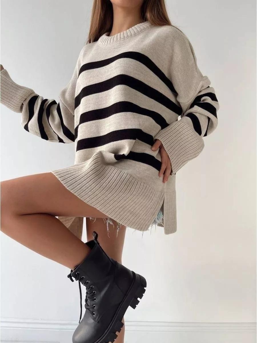 Women's Striped Knit Sweater Crewneck Loose Pullover