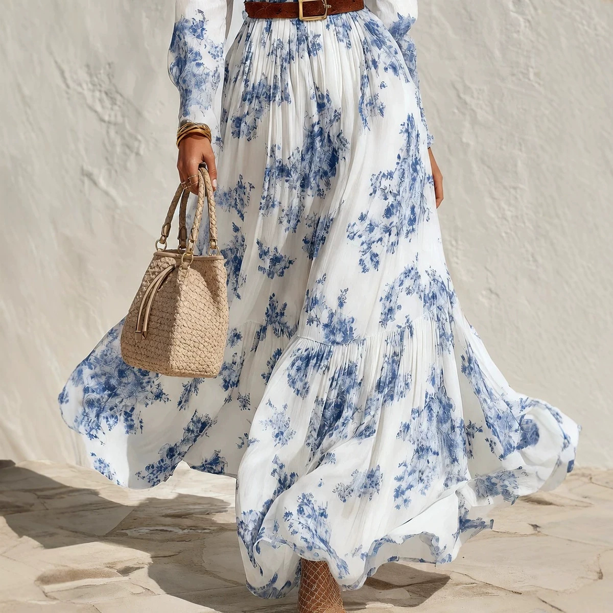 Blue and White Porcelain Print Chiffon Maxi Dress with Ruffle Trim Stand Collar Long Sleeves and Belt