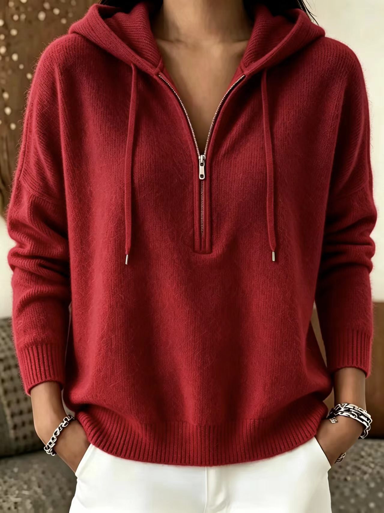 Women's Half-Zip Hooded Sweater Solid Color Loose Fit Pullover