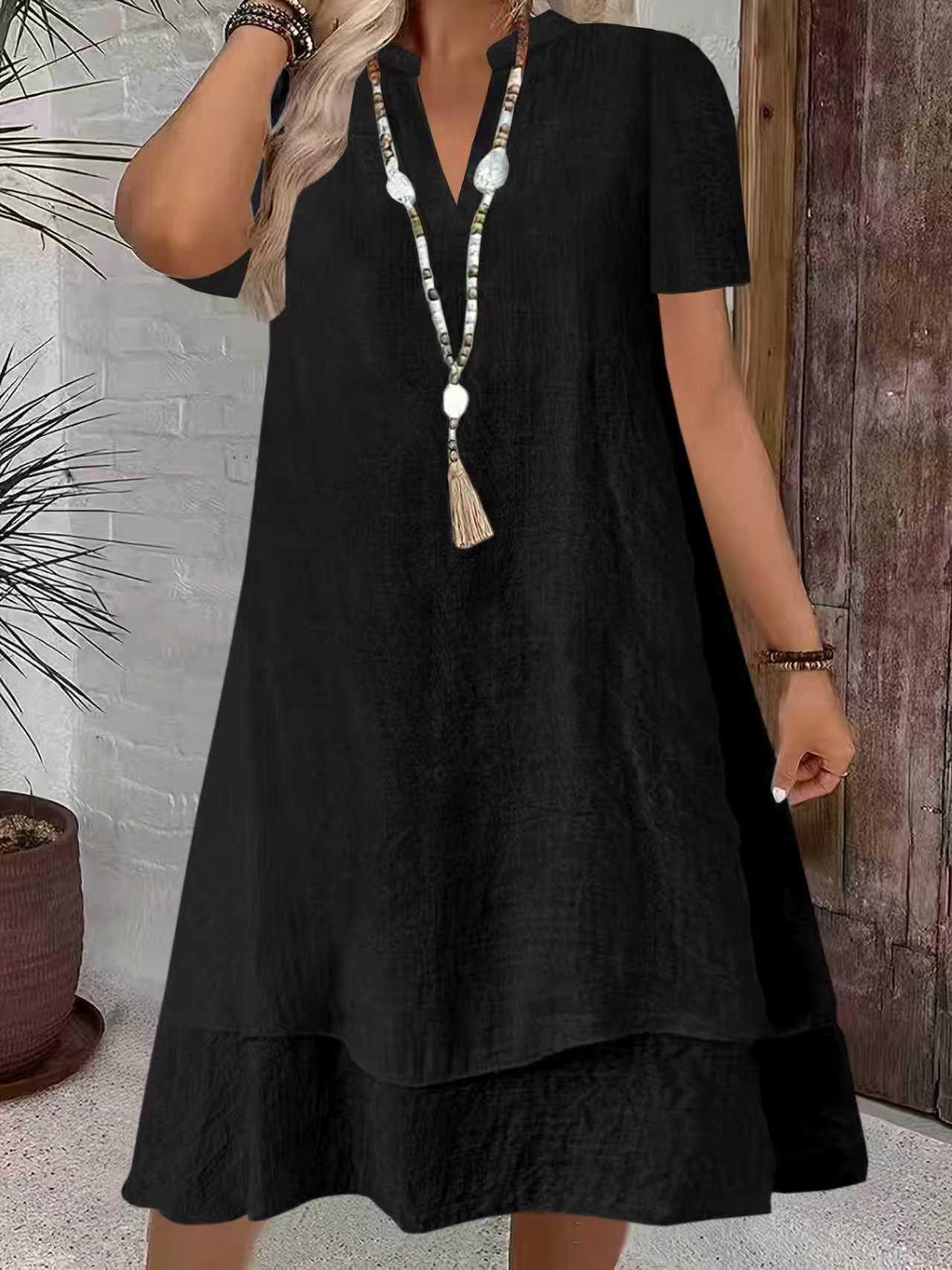 Women's Short Sleeve V-Neck Tiered Midi Dress Casual Loose Solid