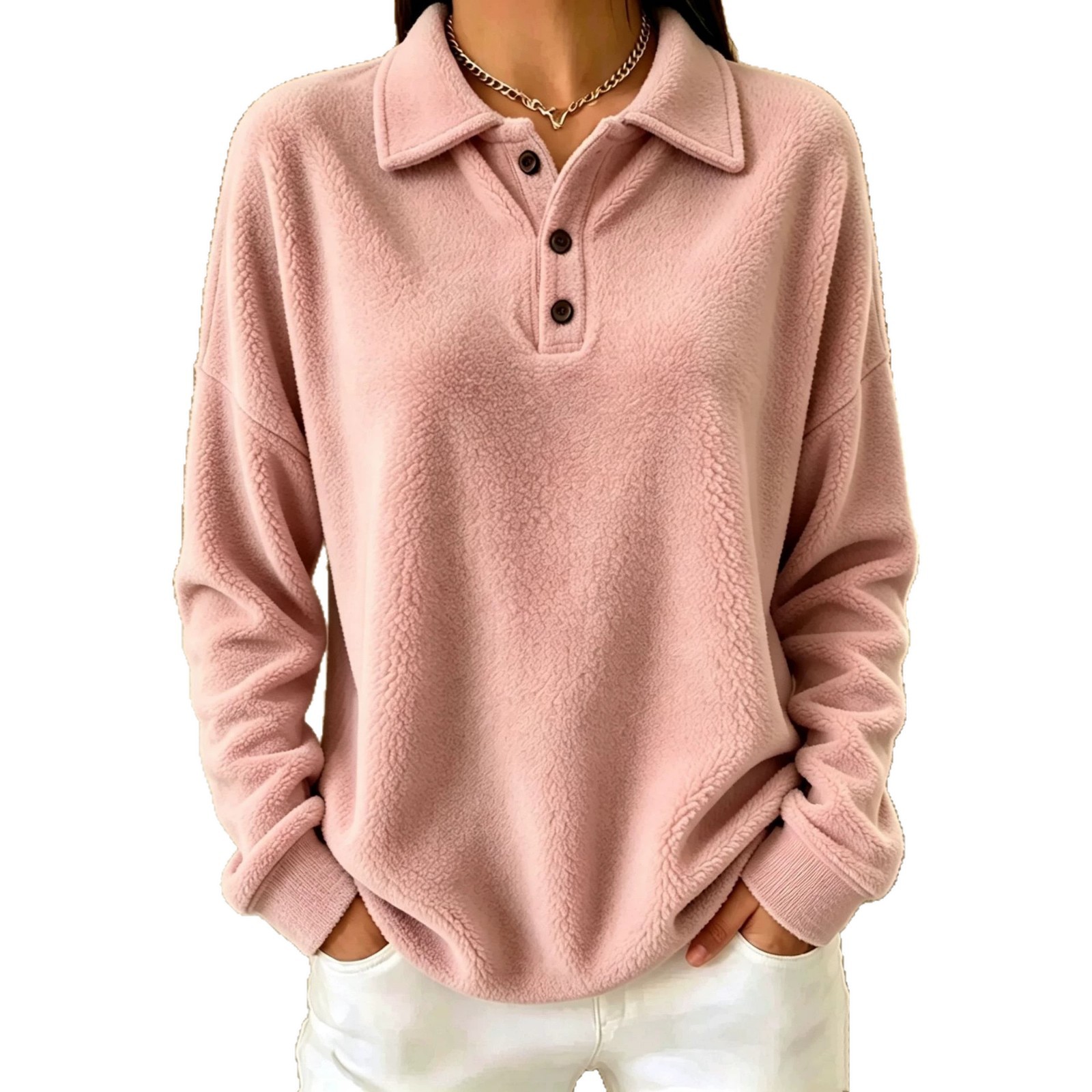 Fleece Buttoned Collar Long Sleeve Pullover Sweatshirt for Women