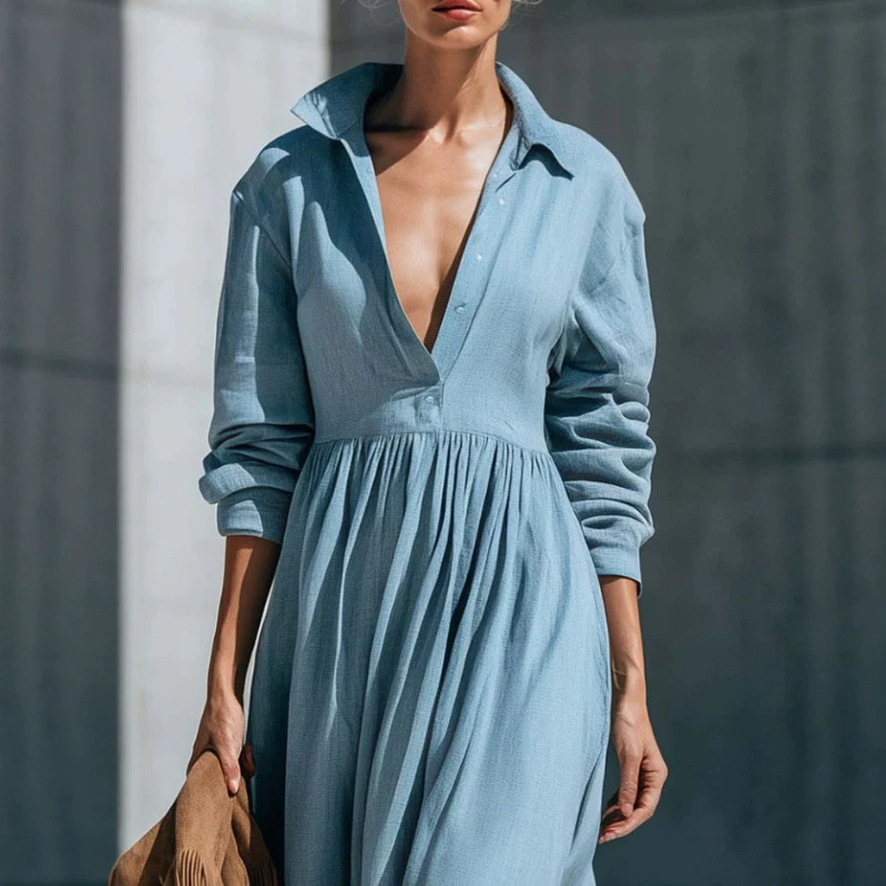 Retro Blue Color-Block Hem V-Neck Long Sleeve Maxi Dress