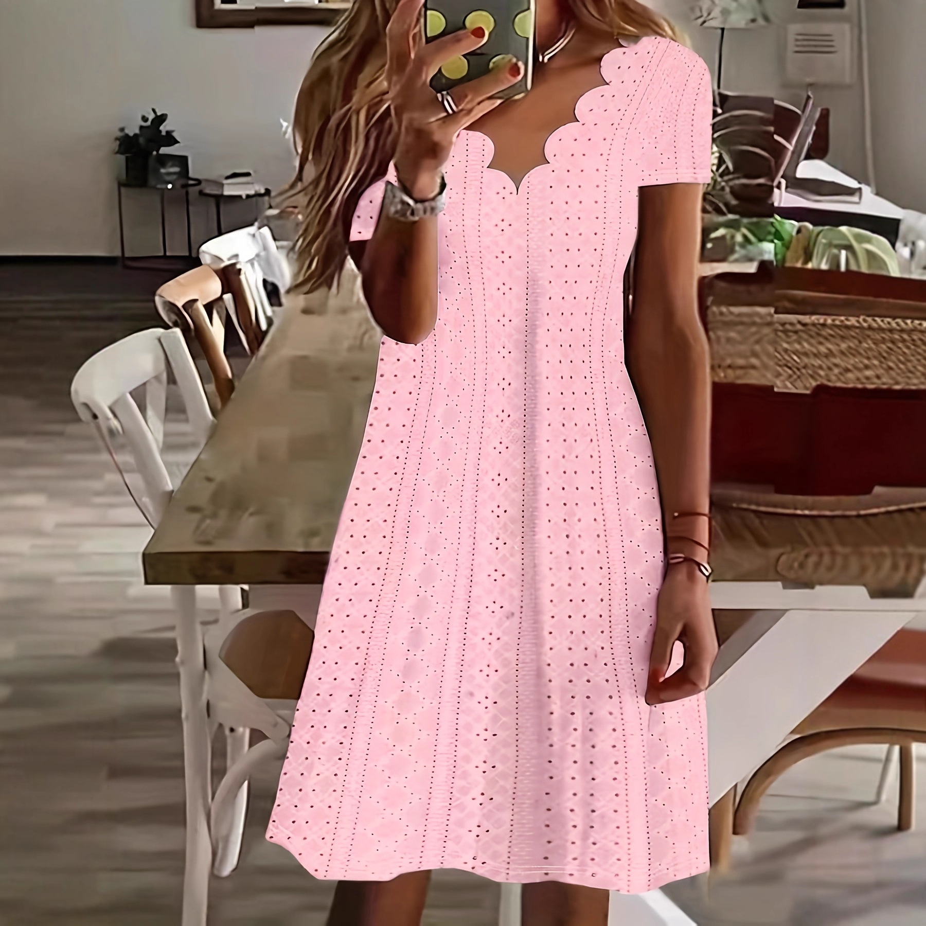 Women's Casual Loose Round Neck Hollow-Out Jacquard Short Sleeve A-Line Dress
