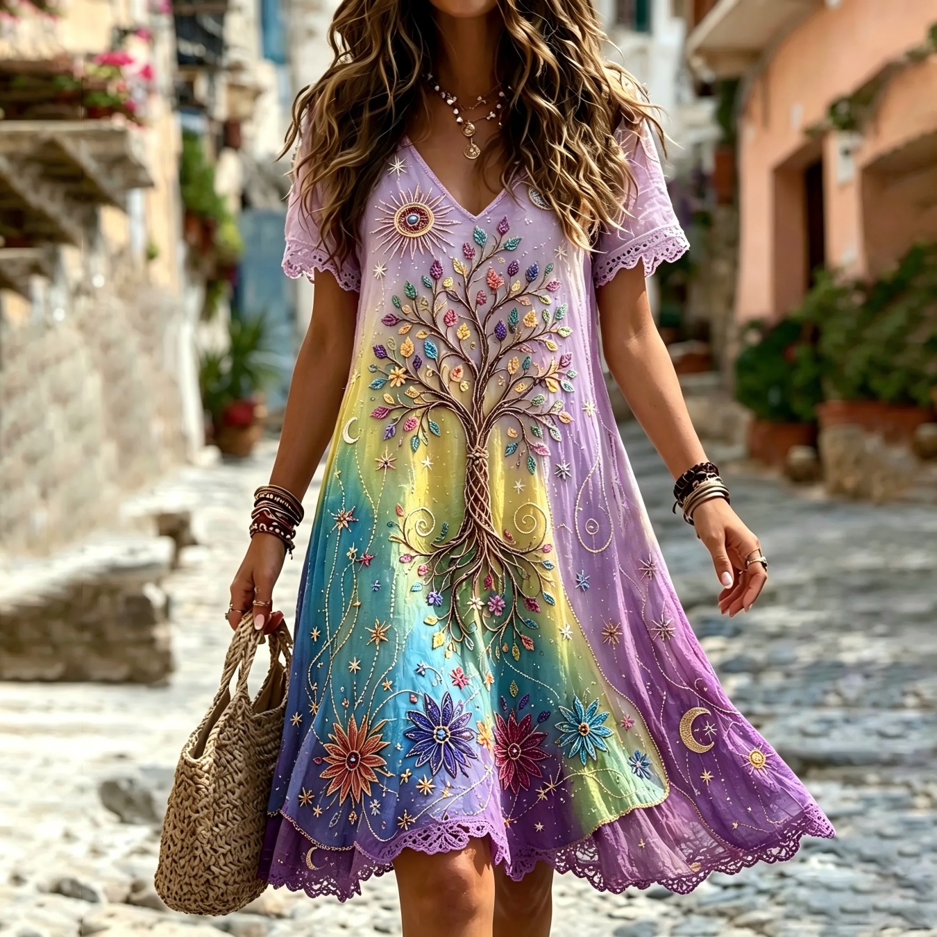 Women's Floral Print Ruched Midi Dress Sleeveless Deep V-Neck