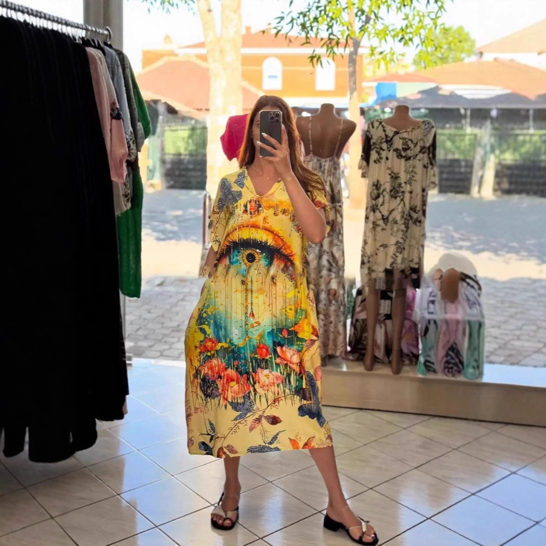 Women's Printed V-Neck Collared Casual Long Vacation Dress