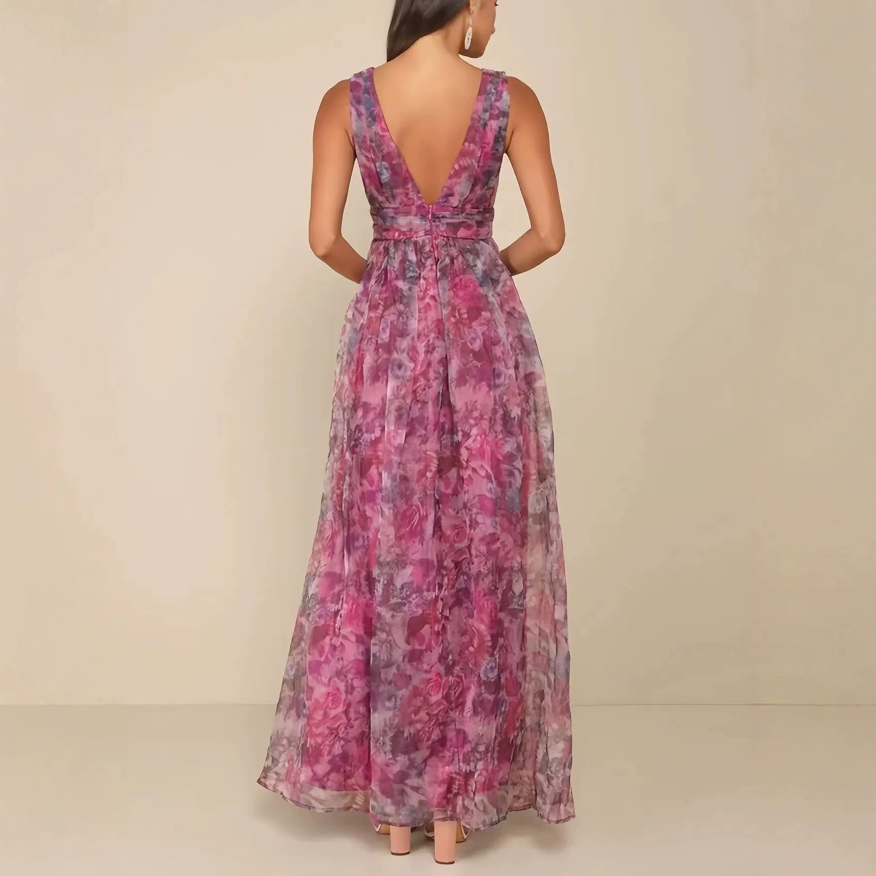 Purple Pink Ombre Floral Deep V Sleeveless Slit Maxi Dress