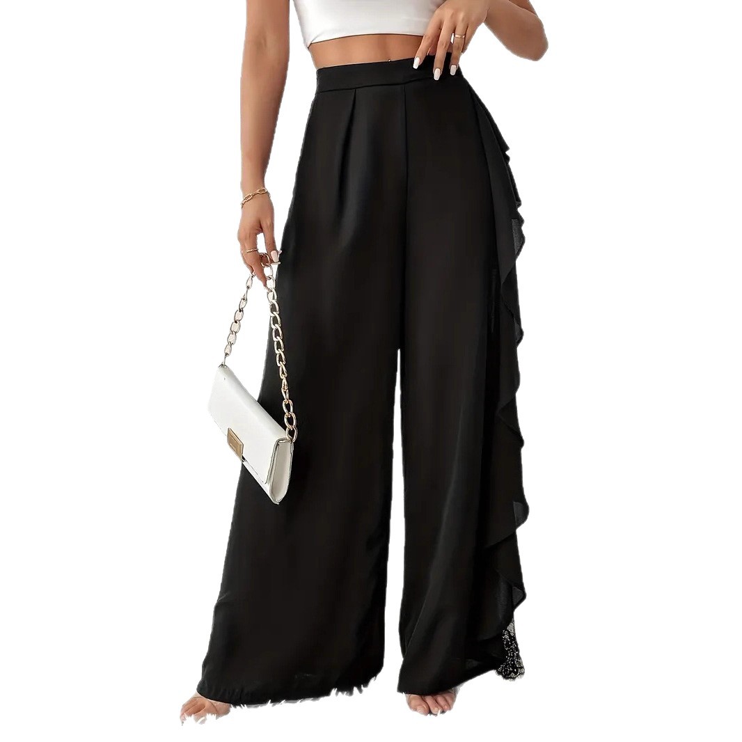 Women's High-Waist Wide-Leg Pants with Slit Lace Mesh Ruffle
