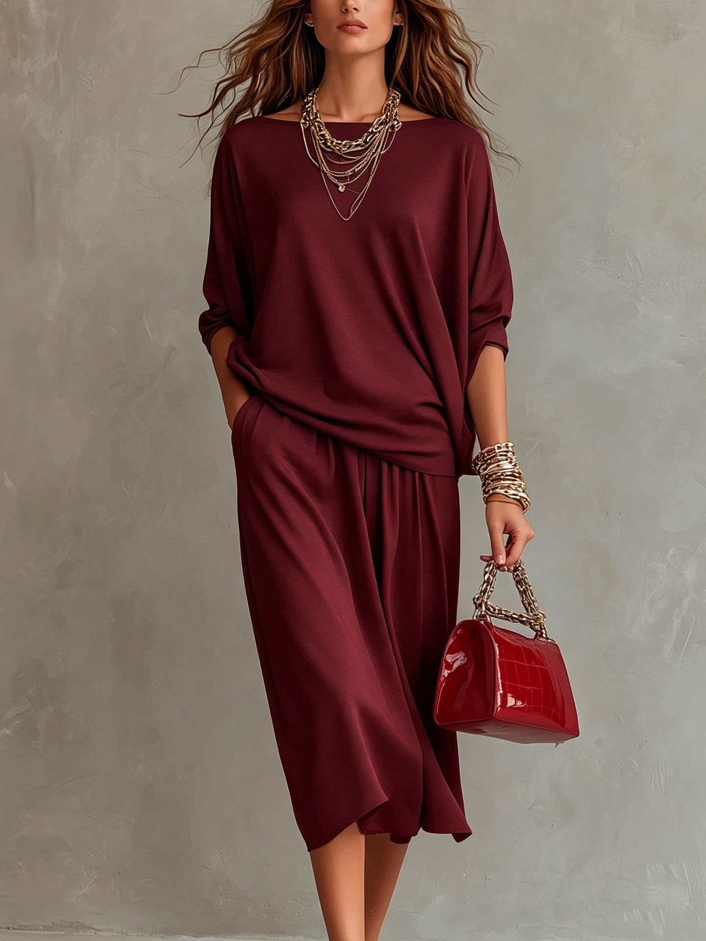 Off-Shoulder Knit Top & Midi Skirt Set Casual Loungewear