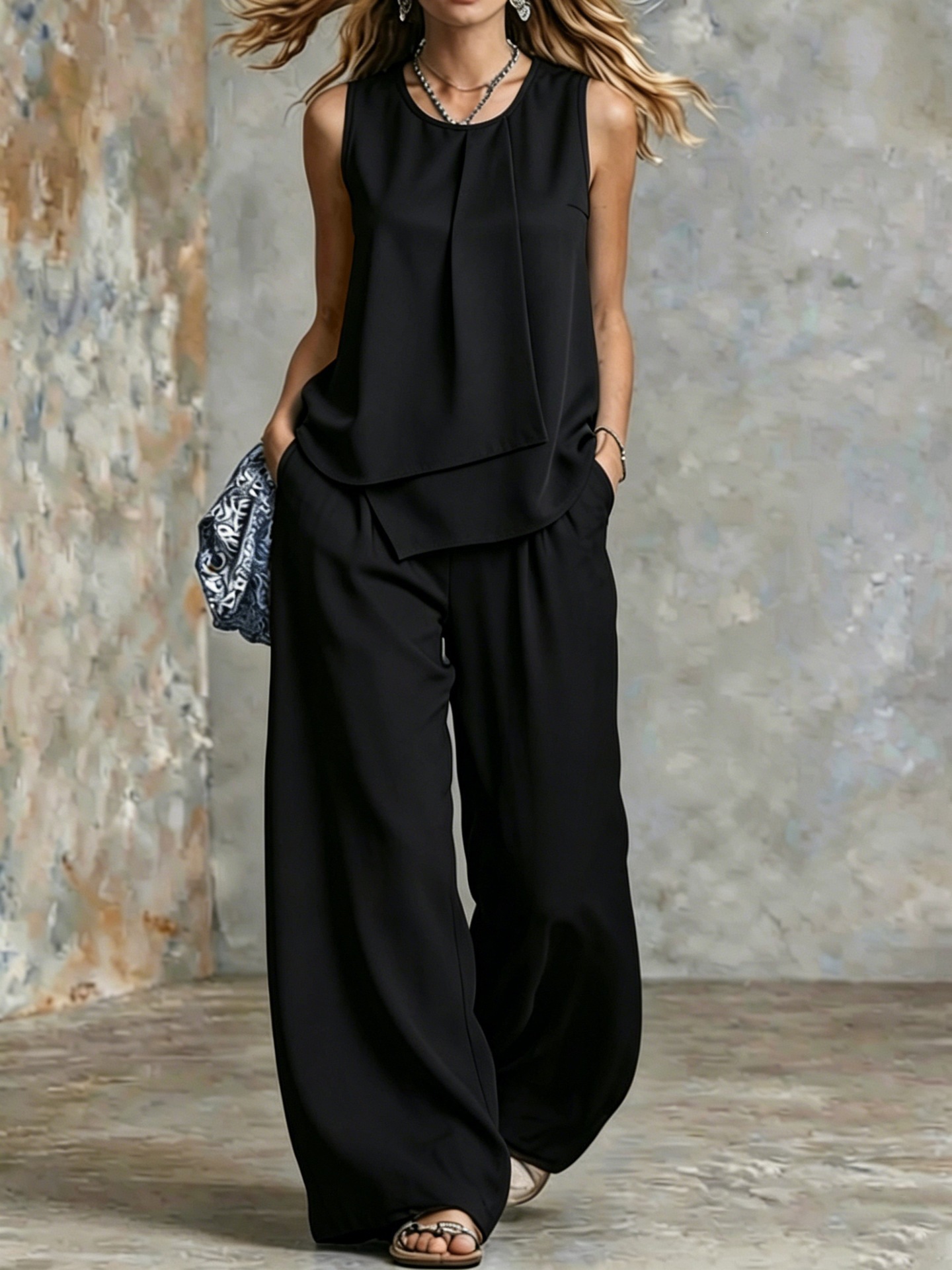 Elegant Sleeveless Solid Asymmetrical Top & Wide-Leg Pants Set