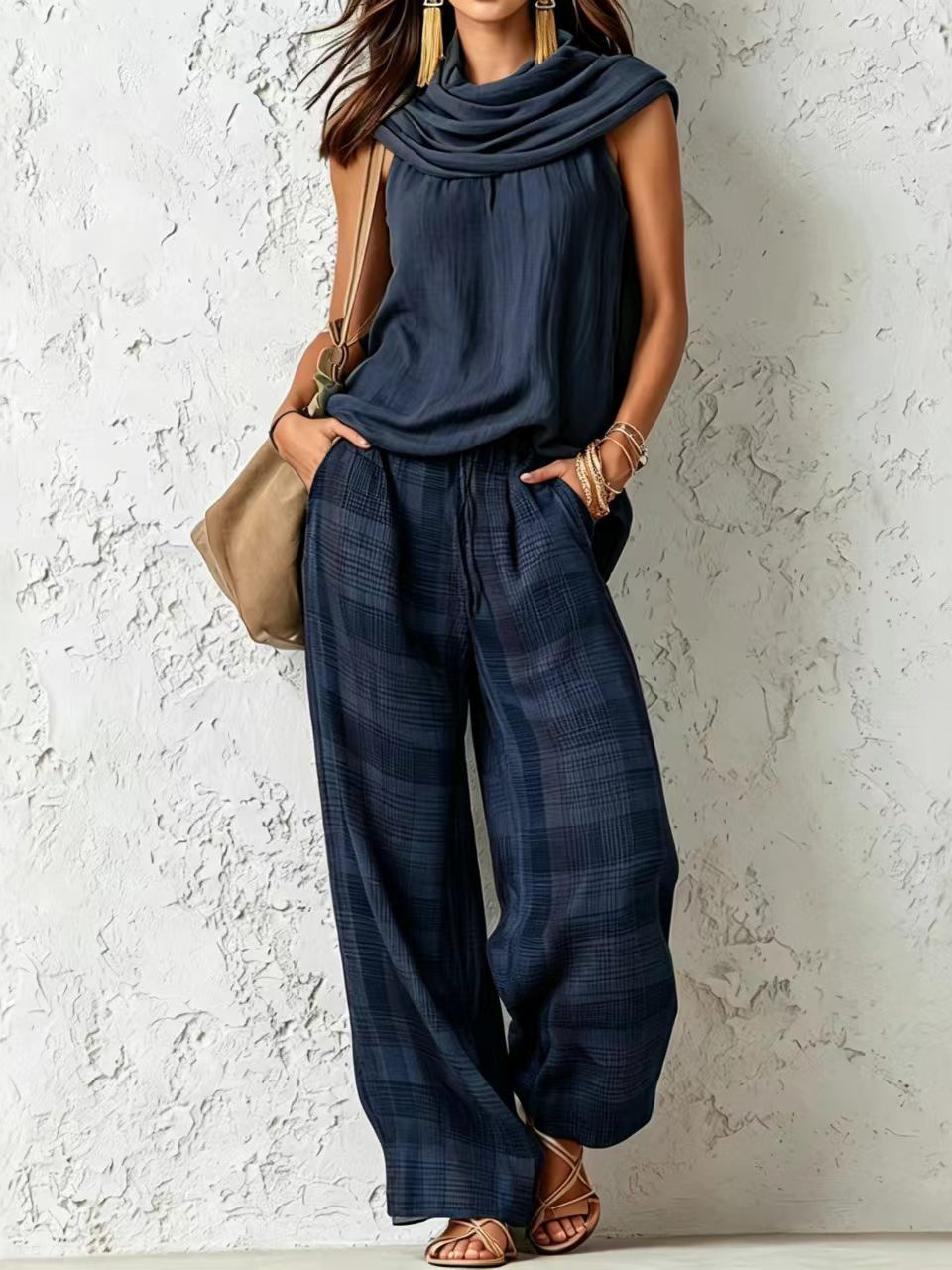 Women's Retro Sleeveless Top and Plaid Pants Two-Piece Set