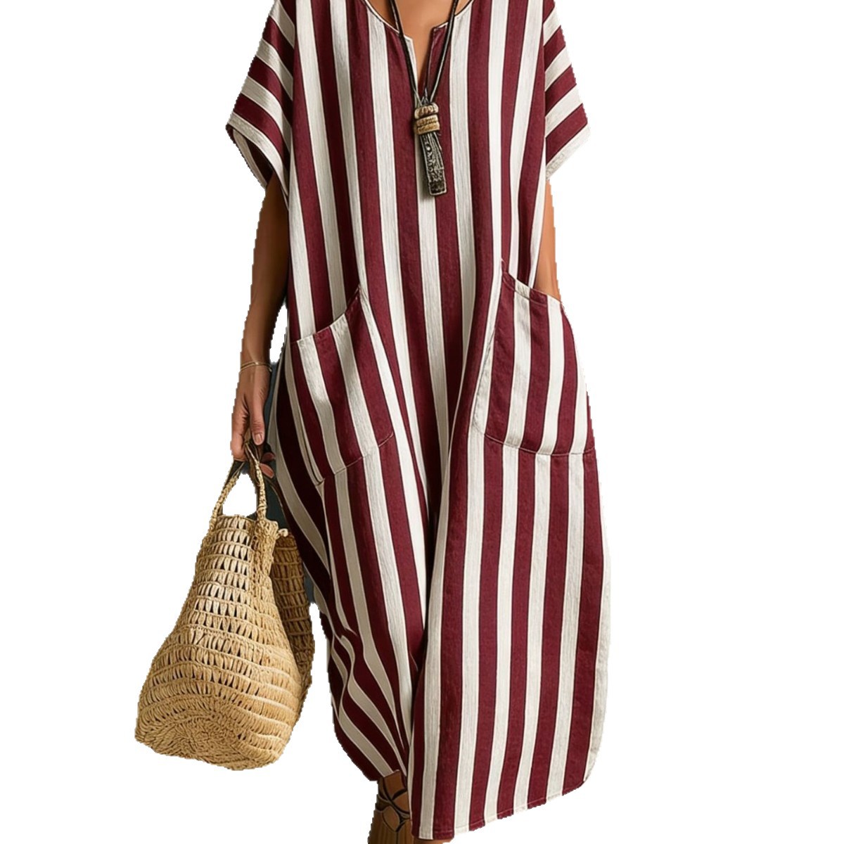 Women's Loose V-Neck Striped Print Dress with Pockets