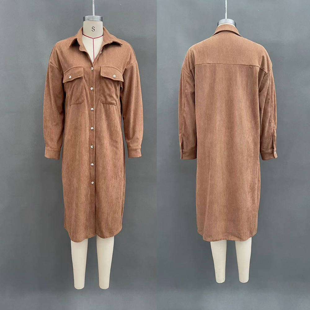 Corduroy Shirt Dress with Utility Style, Elegant A-Line, Caramel