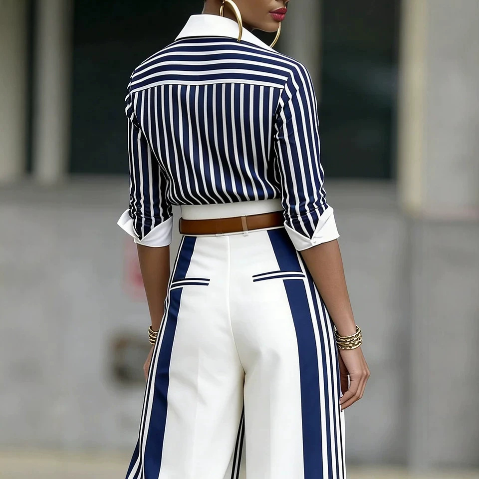 Women's Striped Straight-Leg Pants Set Casual Commuter Two-Piece