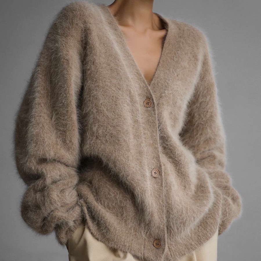Faux Mink V-Neck Knit Cardigan Women Loose Solid Button-Up Sweater