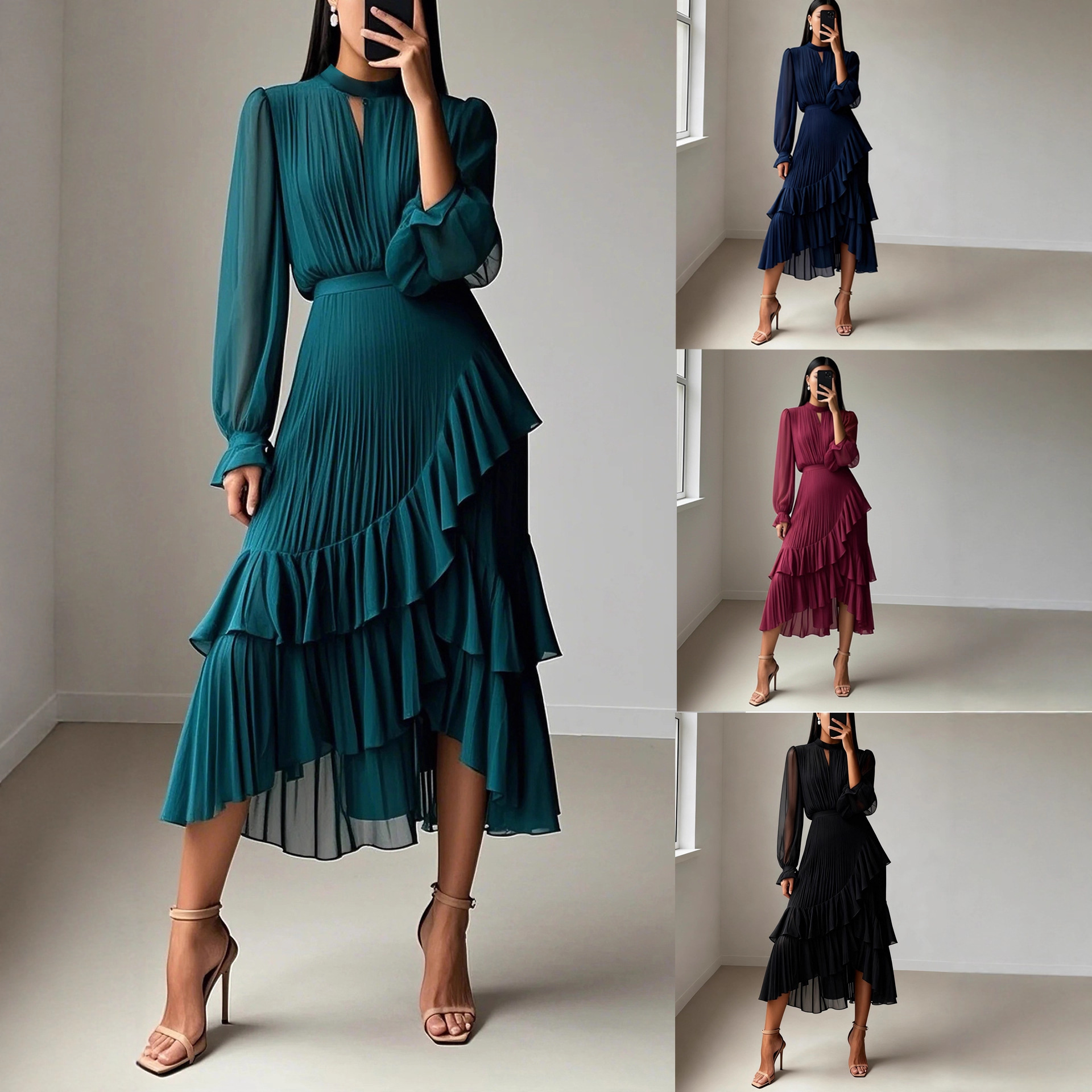 Solid Ruffle Pleated Midi Dress with Bell Sleeves