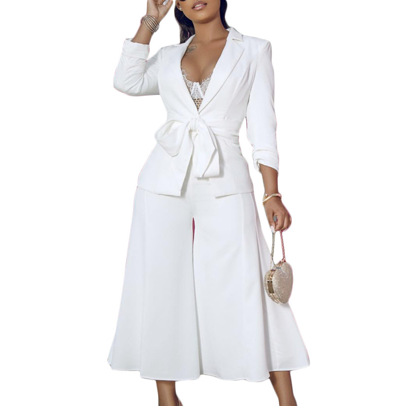 Women's Belted Blazer and Wide-Leg Pants Two-Piece Suit Set