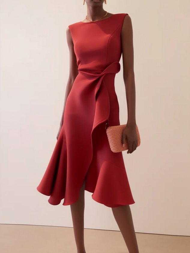 Women's Sleeveless Red Maxi Dress with Round Neck and High Waist