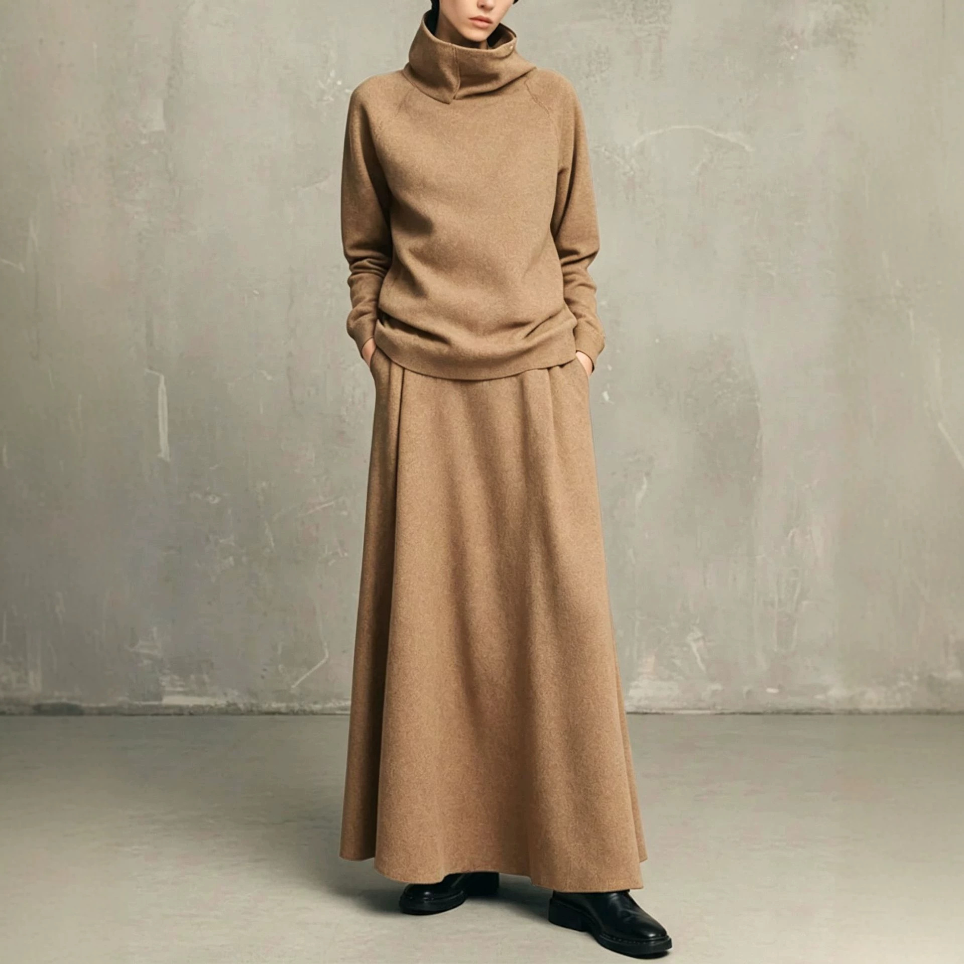 Women's Two-Piece Fleece-Lined Turtleneck Sweatshirt and Midi Skirt Set