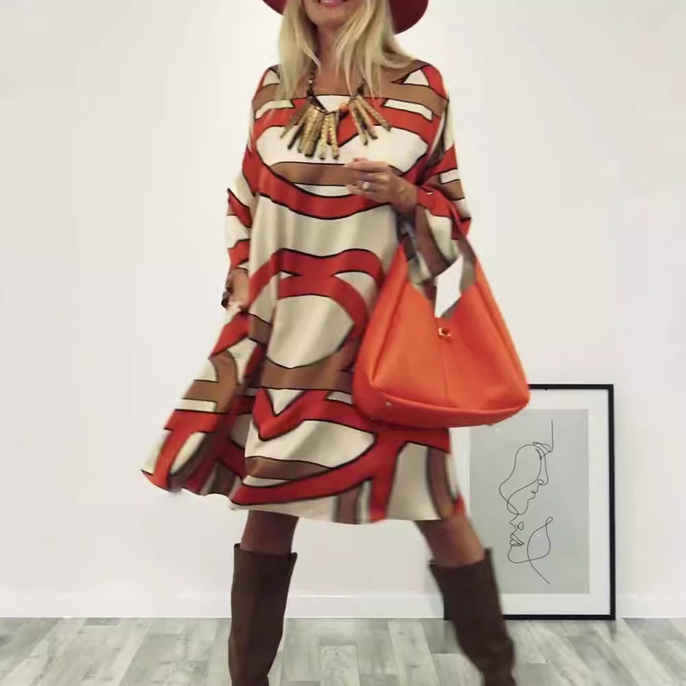 Women's Round Neck Long Sleeve Printed Midi Dress