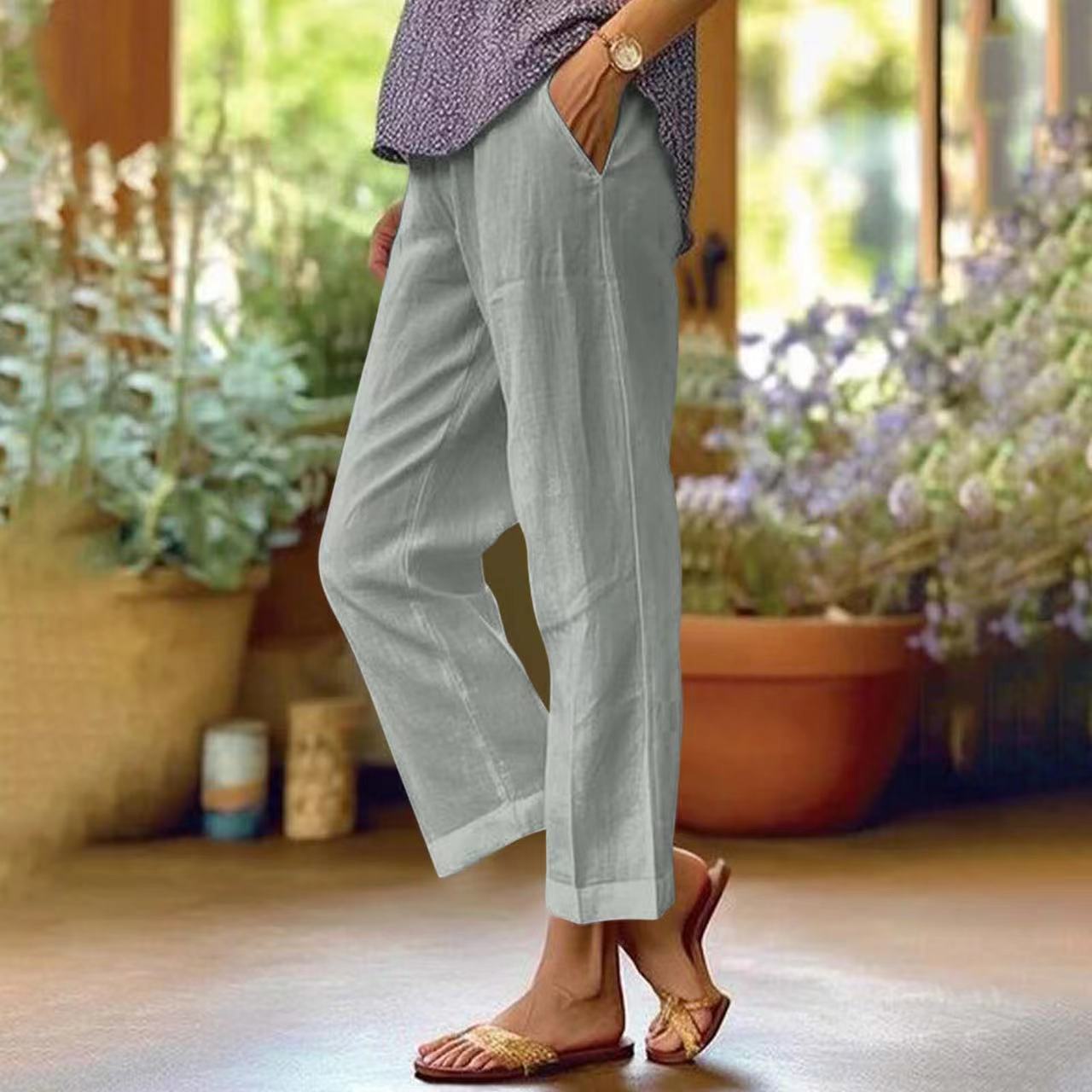 Women's Cotton-Linen Loose Straight-Leg Pants with Elastic Waist and Pockets