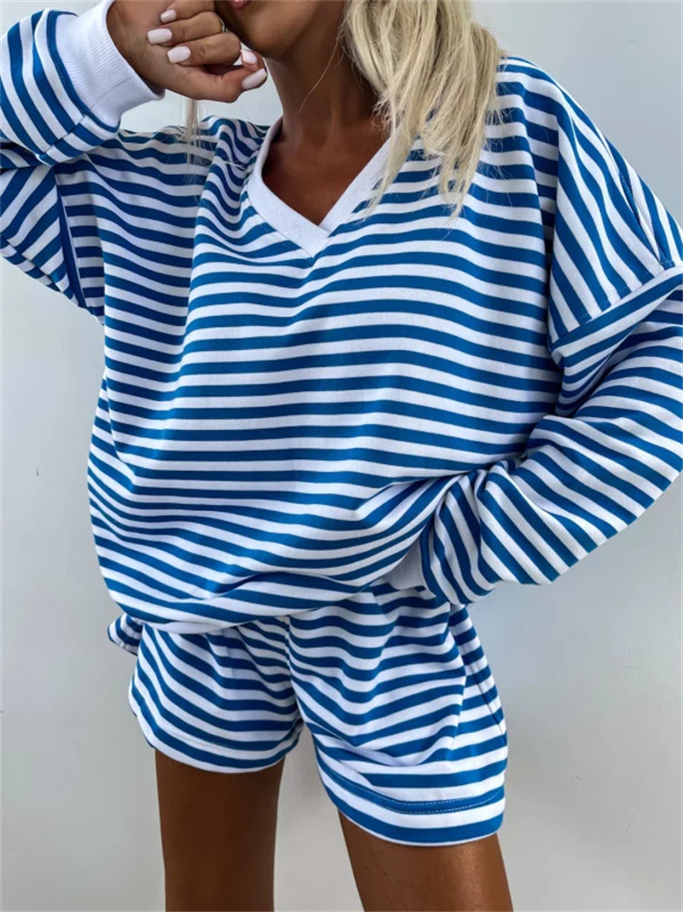 Women's Striped Long Sleeve V-Neck Loose Top and Shorts 2-Piece Set