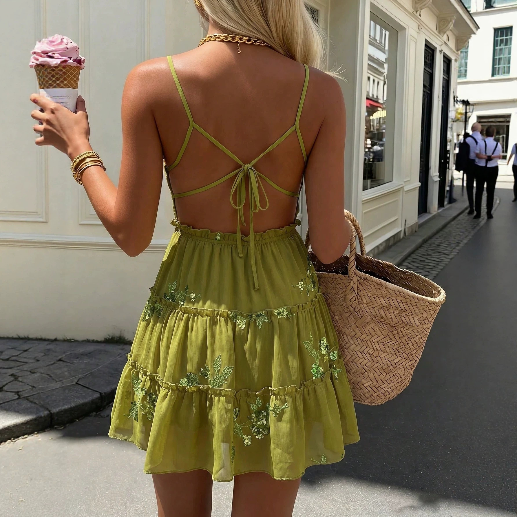 Avocado Green Sequin Embroidered Deep V Tiered Dress Back Cross Vacation Dress