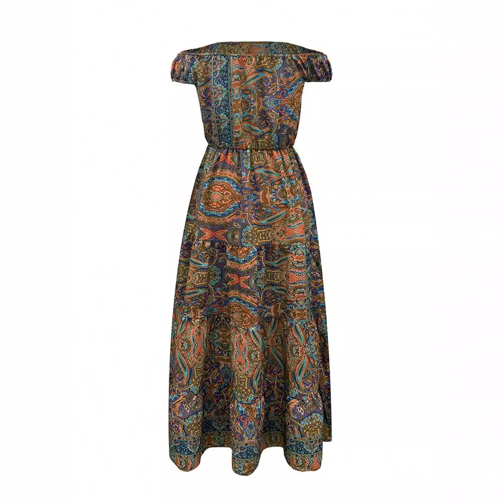 Floral Off-Shoulder Puff-Sleeve High-Waist A-Line Dress
