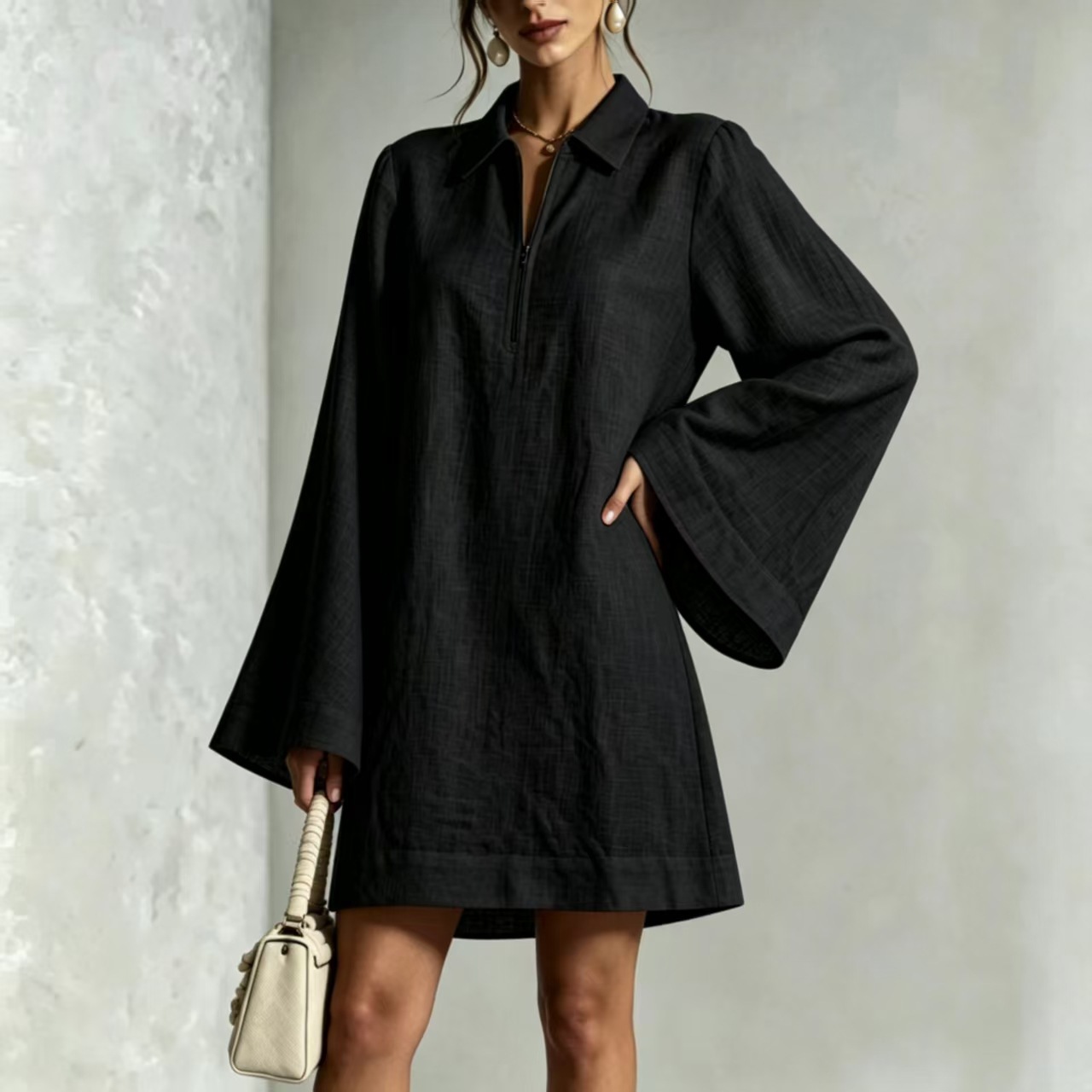Solid Color Half-Zip Collared Loose Lightweight Long-Sleeve Casual Dress