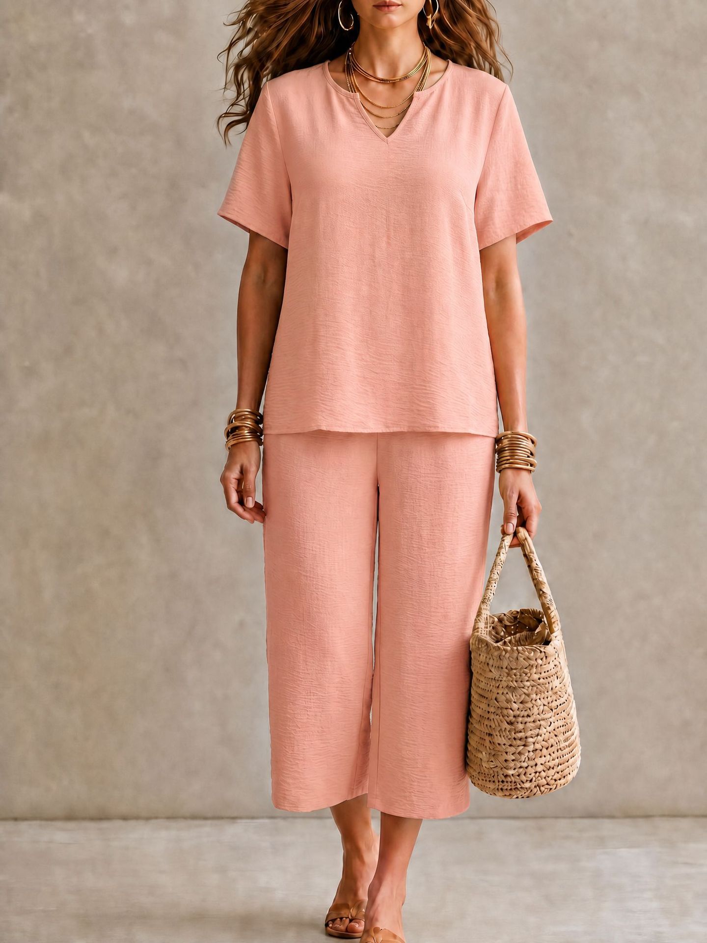 Women's Solid V-Neck Short Sleeve Shirt & Wide-Leg Pants Set with Elastic Waist