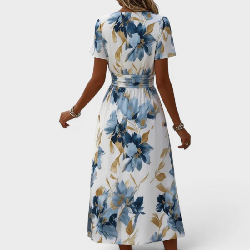 3D Print Short Sleeve V-Neck A-Line Midi Dress