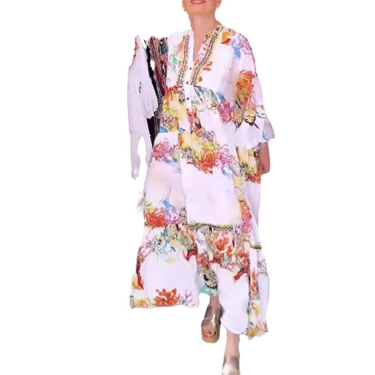 Women's Printed V-Neck Long Sleeve Loose Casual Dress