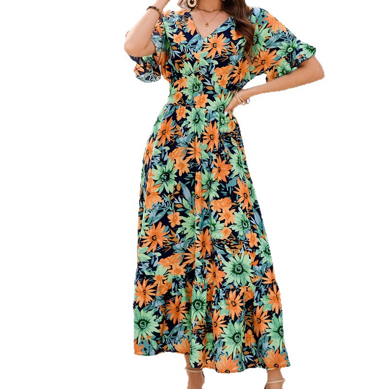 Boho Floral Print V-Neck Batwing Sleeve Ruffle Tiered Maxi Dress