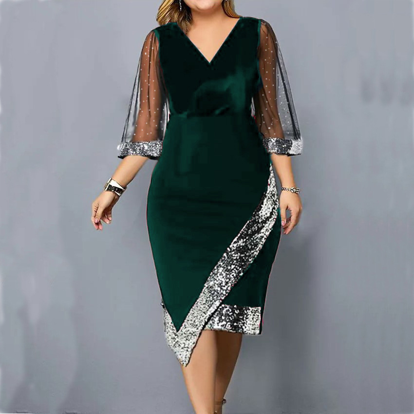 Gold Velvet Asymmetric Sequin Sheer Mesh Women's Dress