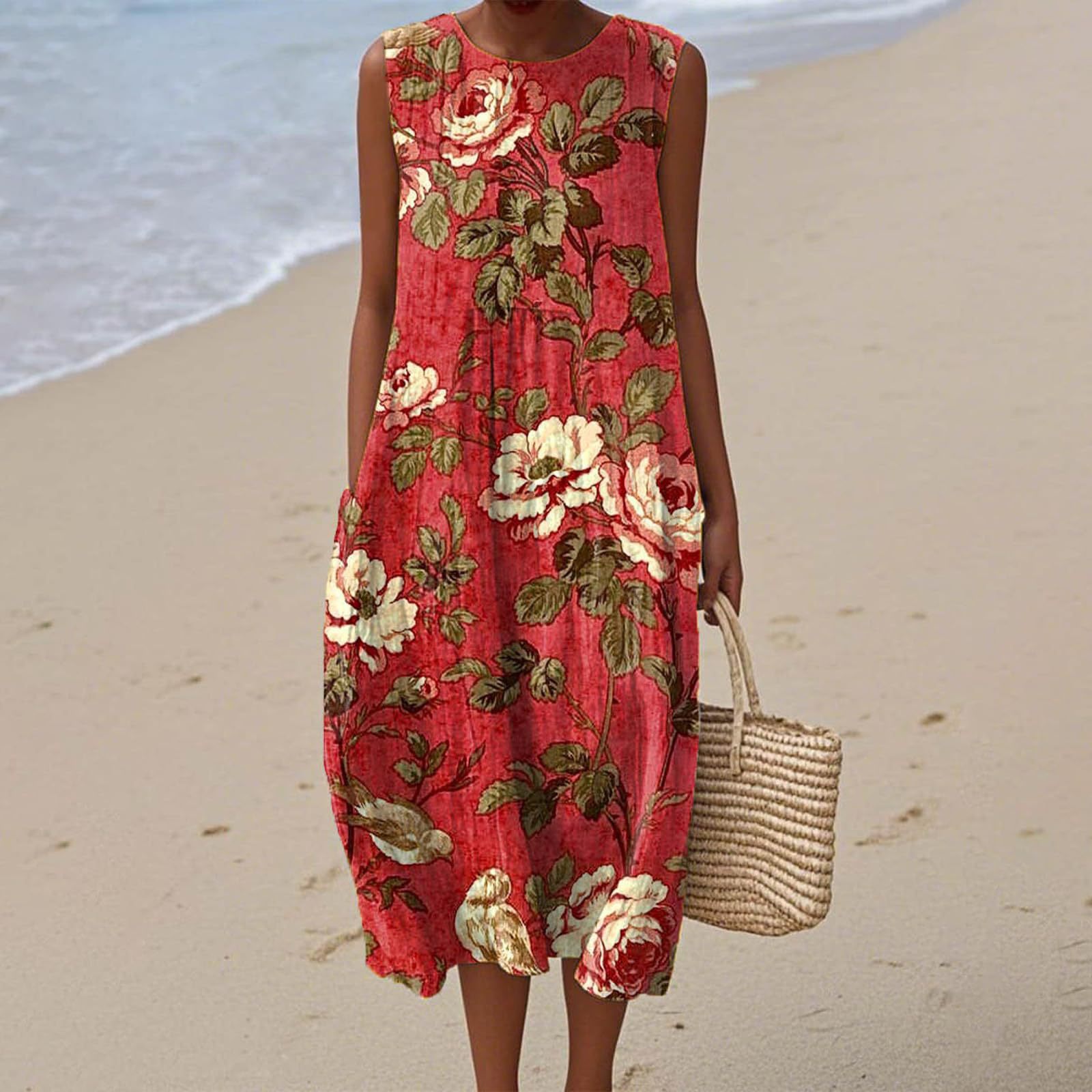 Women's Vintage Floral Print Midi Dress Sleeveless Round Neck Slim Fit