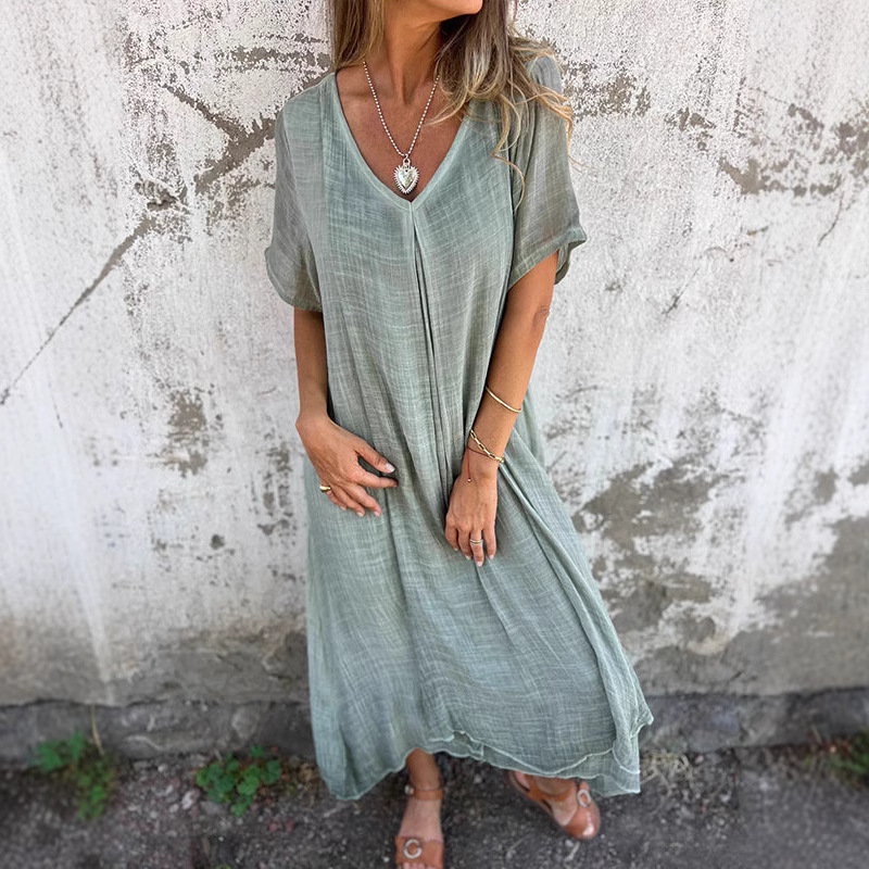 Cotton-Linen V-Neck Semi-Formal Dress