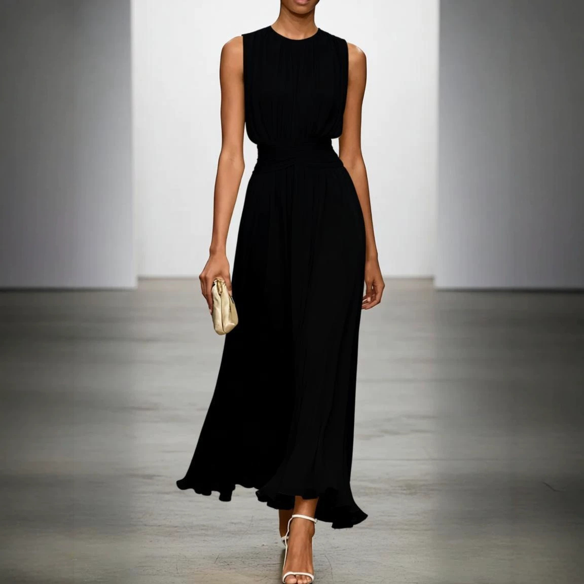 Women's Sleeveless A-Line Midi Dress with Elastic Waist