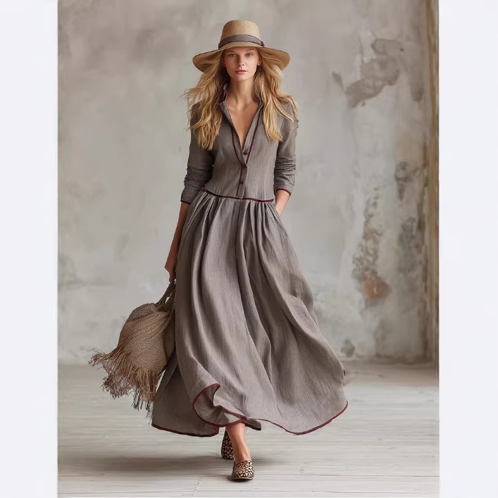 Minimalist Elegant Gray Cotton-Linen Long Dress