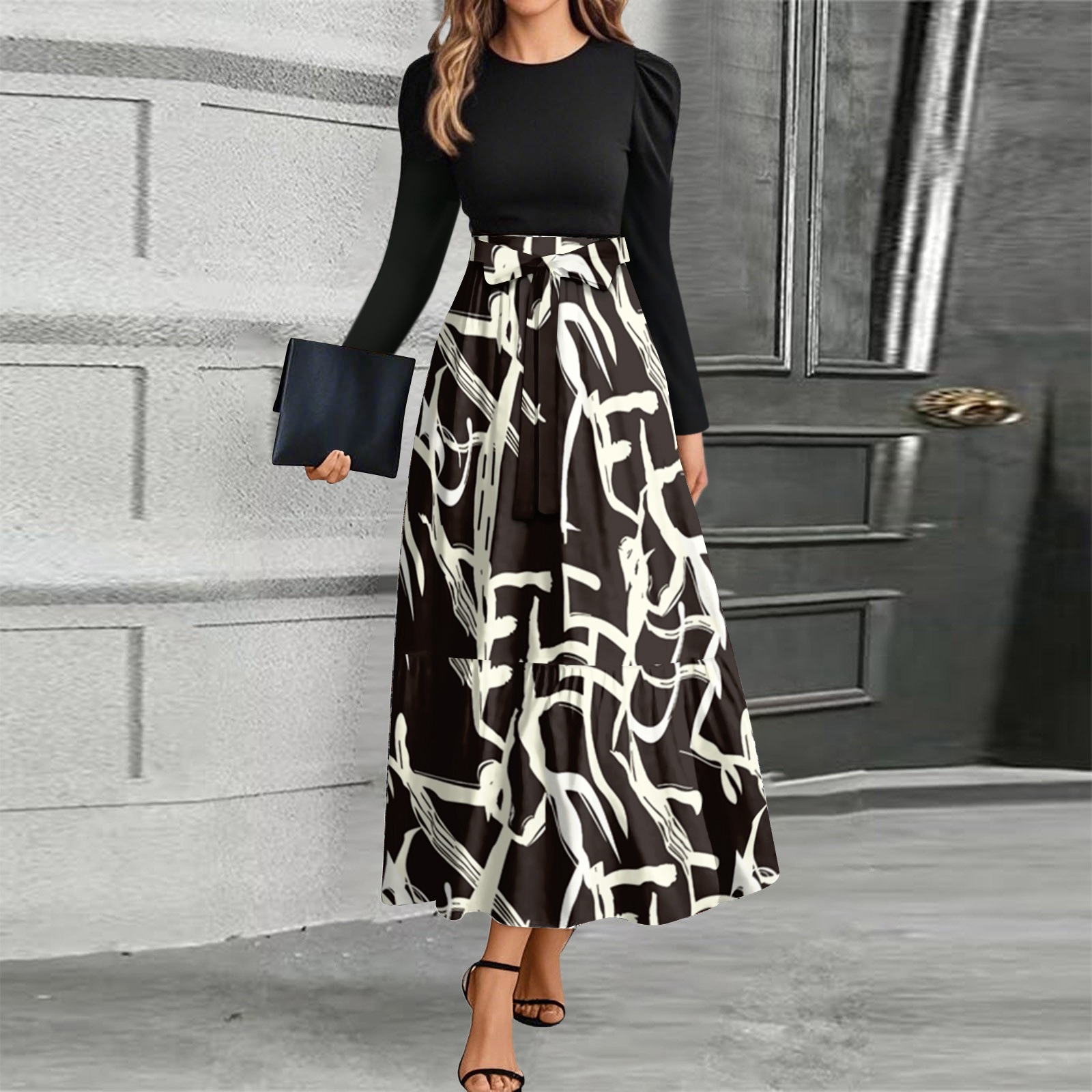 Women's Midi Dress Casual Elegant Long Sleeve High Waist Flowy Skirt