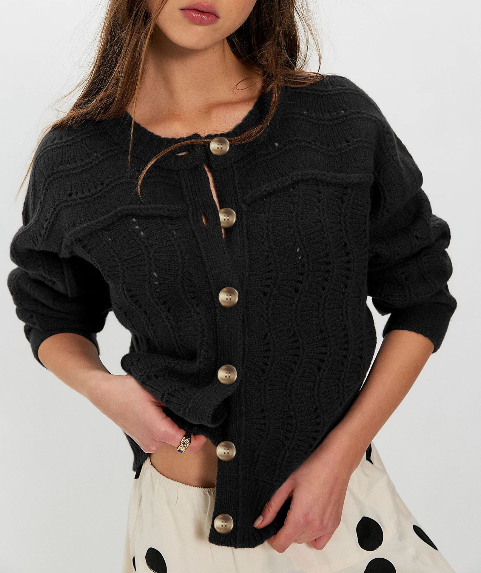 Women's Casual Knit Cardigan Sweater, Loose Fit Crew Neck Long Sleeve