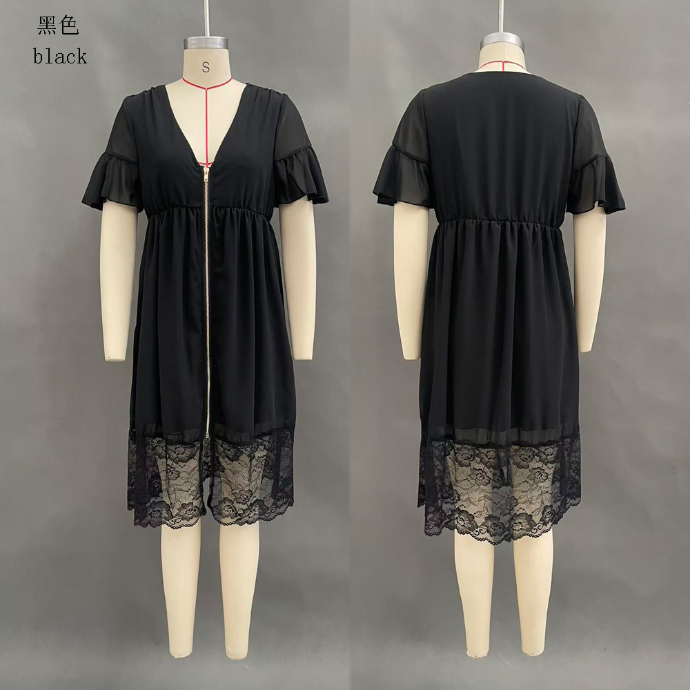 Women's Solid V-Neck Zip Lace Panel Dress