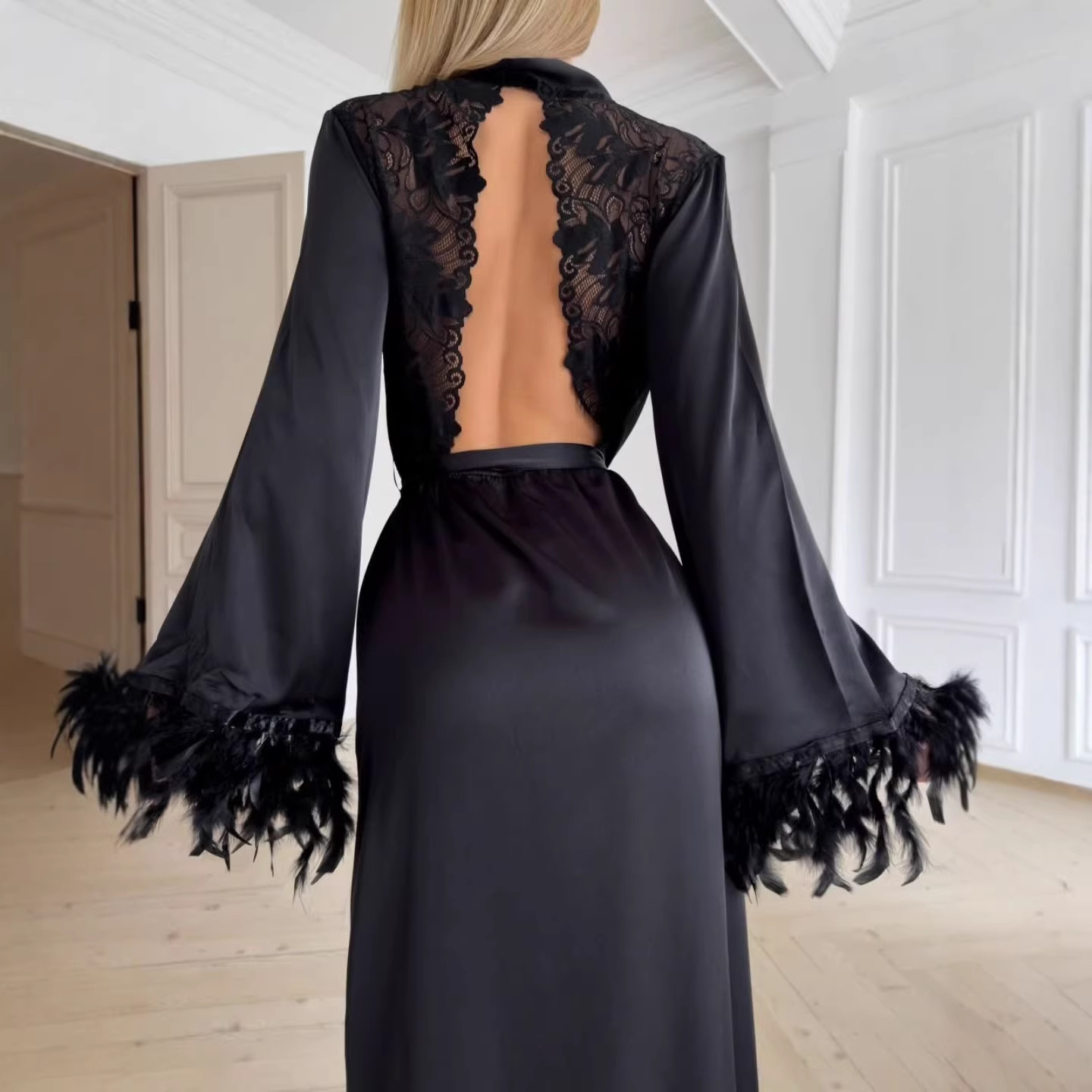 Women's Satin Lace French Style Backless Robe Sleepwear