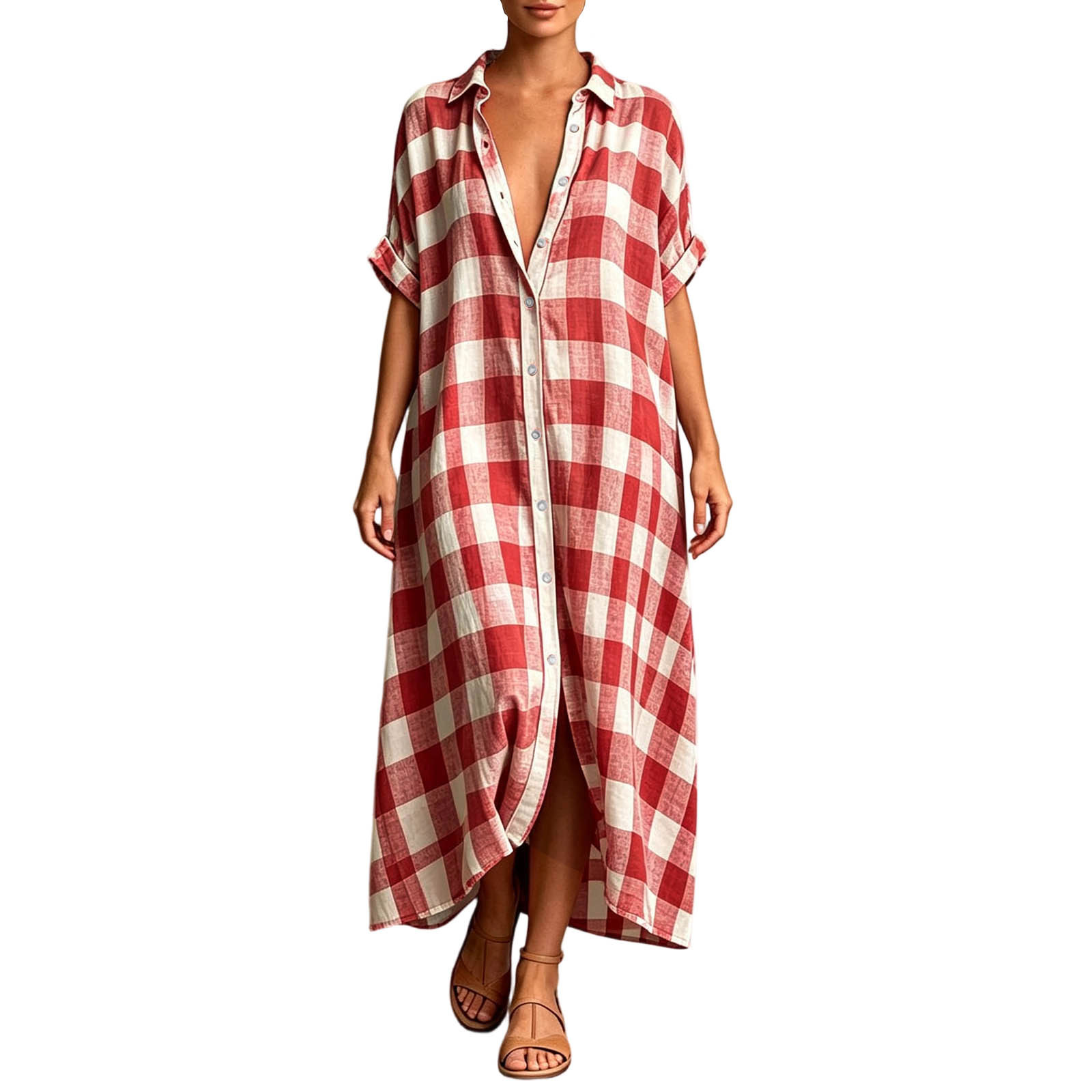 Women's Loose Plaid Shirt Dress Collared Button-Front Short Sleeve Long Vacation Dress