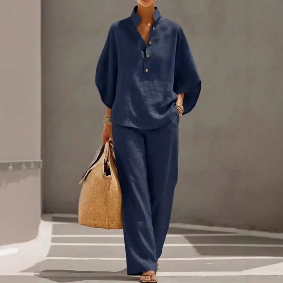 Women's Casual Loose Solid Color Zip Stand Collar Wide-Leg Pants Set